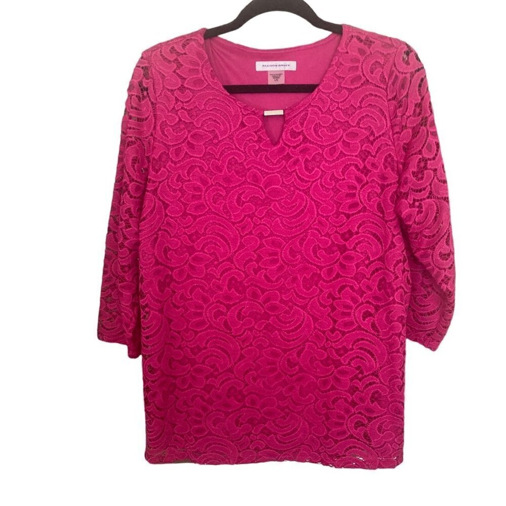 ALLISON DALEY Womens Pink Lace Blouse Top Lined Stretch XL NWOT 3/4 Slv Pullover